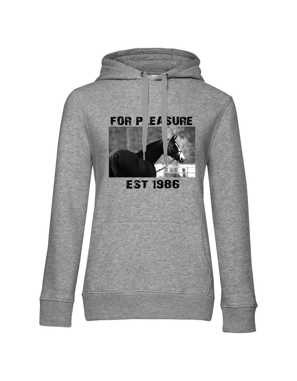 FOR PLEASURE 1986 WOMEN HOODIE | PERSONALIZE WITH YOUR OWN HORSE OR ANIMAL NAME, YEAR OF BIRTH AND PICTURE