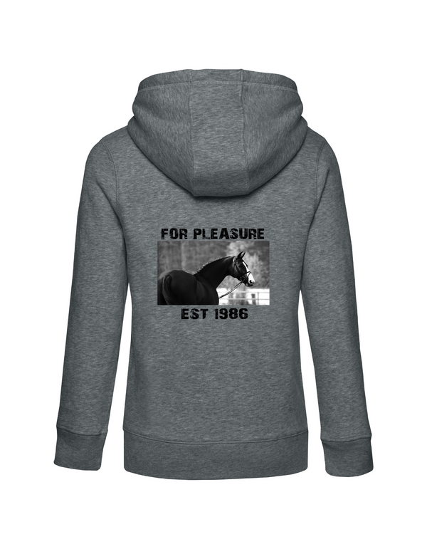 FOR PLEASURE 1986 DAMEN ZIPPED HOODIE | PERSONALISIERBAR MIT DEINEM EIGENEN PFERDE- ODER TIERNAMEN, GEBURTSJAHR & BILD